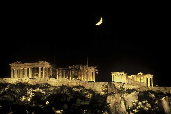 Greece, Athens Moonrise over the Parthenon